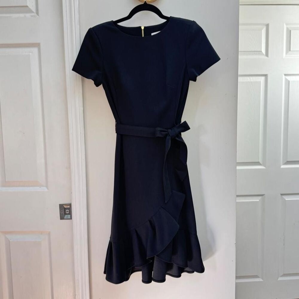 Calvin Klein Black Ruffle Belted Work Dress